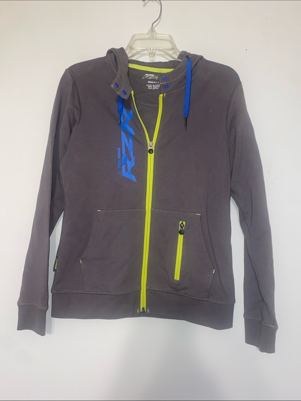 RZR Gray Hooded Zip Jacket with Neon Yellow Trim and Blue Accents